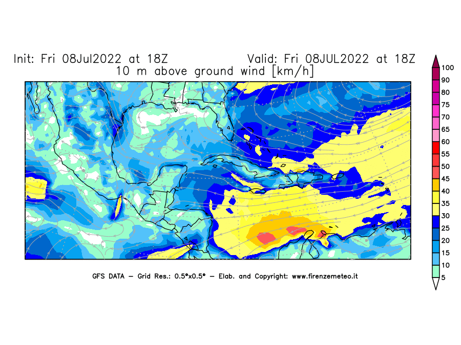 Mappa di analisi GFS - Velocità del vento a 10 metri dal suolo [km/h] in Centro-America
							del 08/07/2022 18 <!--googleoff: index-->UTC<!--googleon: index-->