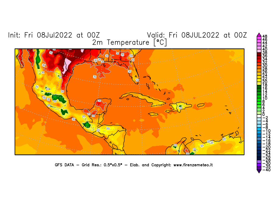 Mappa di analisi GFS - Temperatura a 2 metri dal suolo [°C] in Centro-America
							del 08/07/2022 00 <!--googleoff: index-->UTC<!--googleon: index-->
