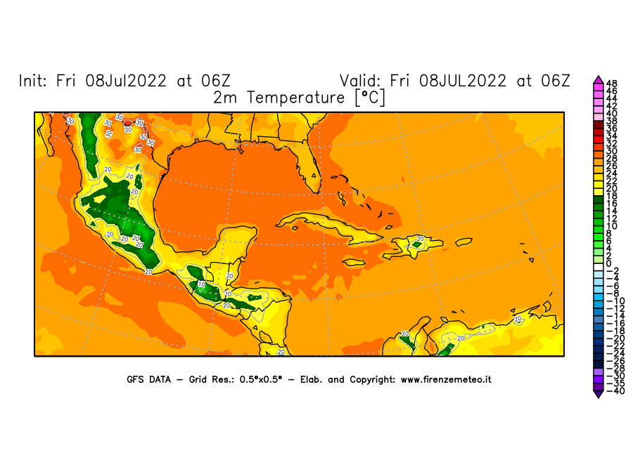 Mappa di analisi GFS - Temperatura a 2 metri dal suolo [°C] in Centro-America
							del 08/07/2022 06 <!--googleoff: index-->UTC<!--googleon: index-->