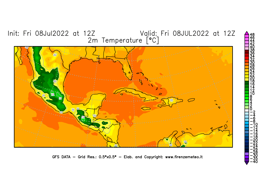 Mappa di analisi GFS - Temperatura a 2 metri dal suolo [°C] in Centro-America
							del 08/07/2022 12 <!--googleoff: index-->UTC<!--googleon: index-->