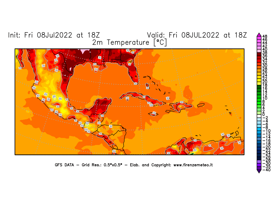 Mappa di analisi GFS - Temperatura a 2 metri dal suolo [°C] in Centro-America
							del 08/07/2022 18 <!--googleoff: index-->UTC<!--googleon: index-->