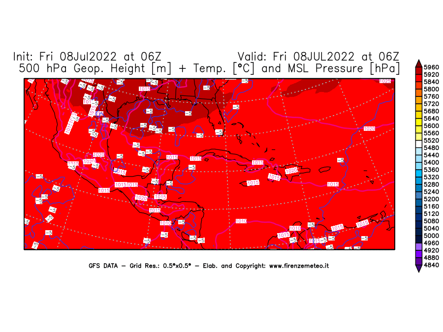 Mappa di analisi GFS - Geopotenziale [m] + Temp. [°C] a 500 hPa + Press. a livello del mare [hPa] in Centro-America
							del 08/07/2022 06 <!--googleoff: index-->UTC<!--googleon: index-->