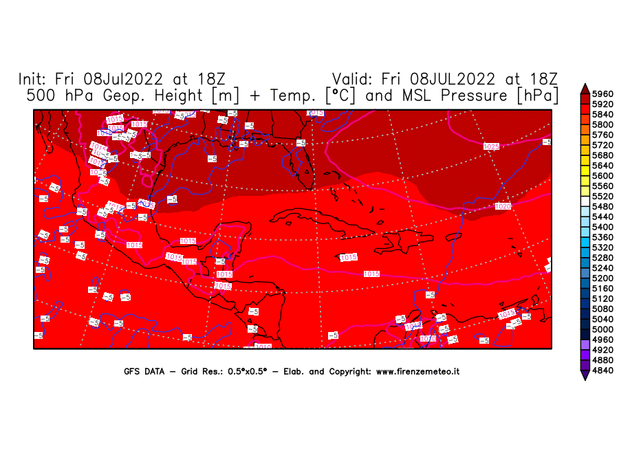 Mappa di analisi GFS - Geopotenziale [m] + Temp. [°C] a 500 hPa + Press. a livello del mare [hPa] in Centro-America
							del 08/07/2022 18 <!--googleoff: index-->UTC<!--googleon: index-->