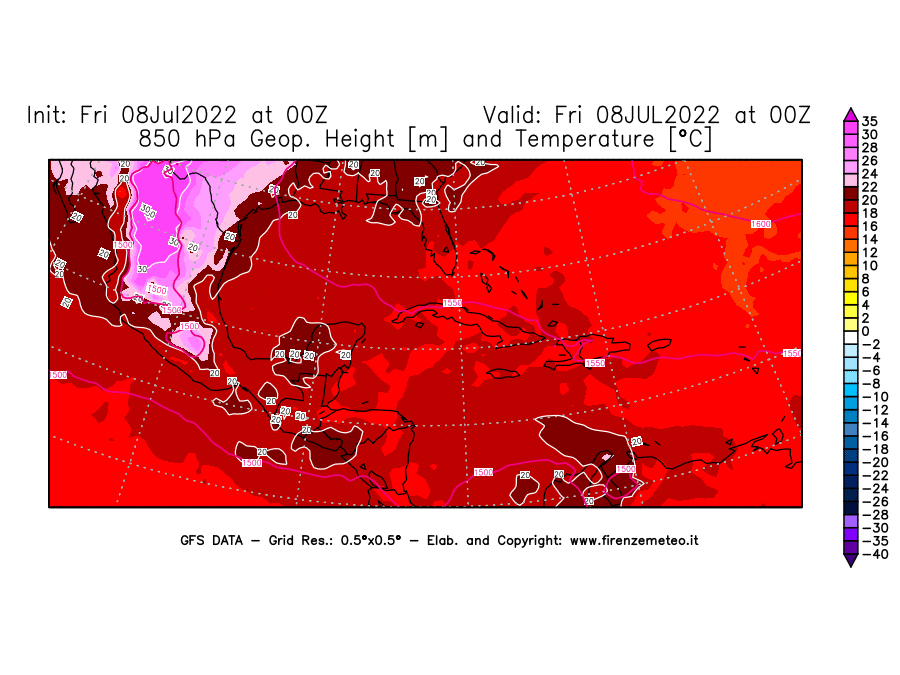 Mappa di analisi GFS - Geopotenziale [m] e Temperatura [°C] a 850 hPa in Centro-America
							del 08/07/2022 00 <!--googleoff: index-->UTC<!--googleon: index-->