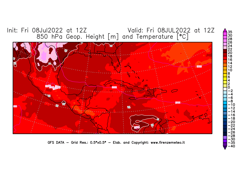 Mappa di analisi GFS - Geopotenziale [m] e Temperatura [°C] a 850 hPa in Centro-America
							del 08/07/2022 12 <!--googleoff: index-->UTC<!--googleon: index-->