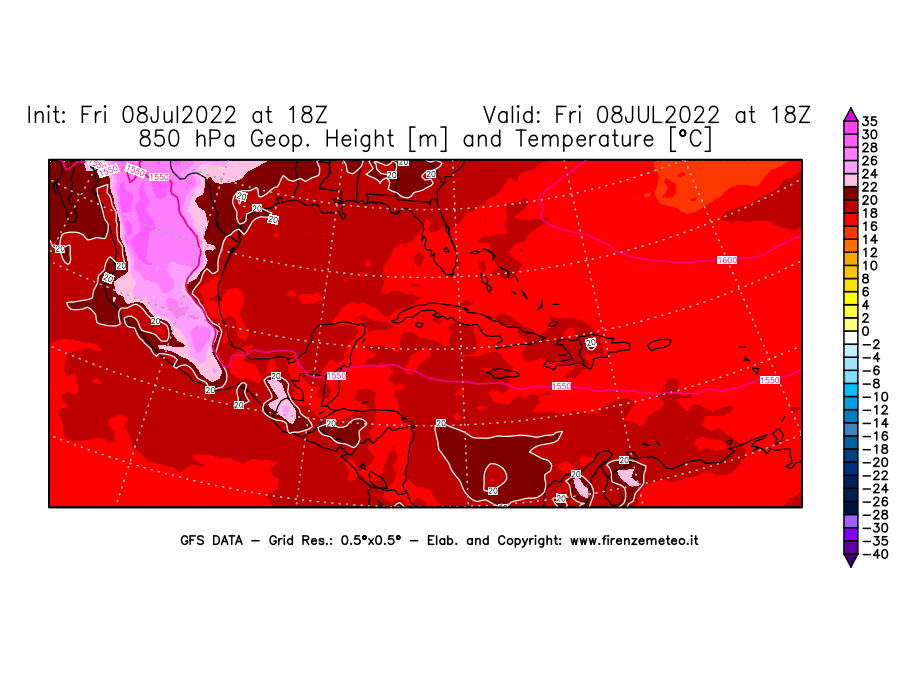 Mappa di analisi GFS - Geopotenziale [m] e Temperatura [°C] a 850 hPa in Centro-America
							del 08/07/2022 18 <!--googleoff: index-->UTC<!--googleon: index-->