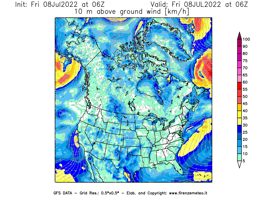Mappa di analisi GFS - Velocità del vento a 10 metri dal suolo [km/h] in Nord-America
							del 08/07/2022 06 <!--googleoff: index-->UTC<!--googleon: index-->