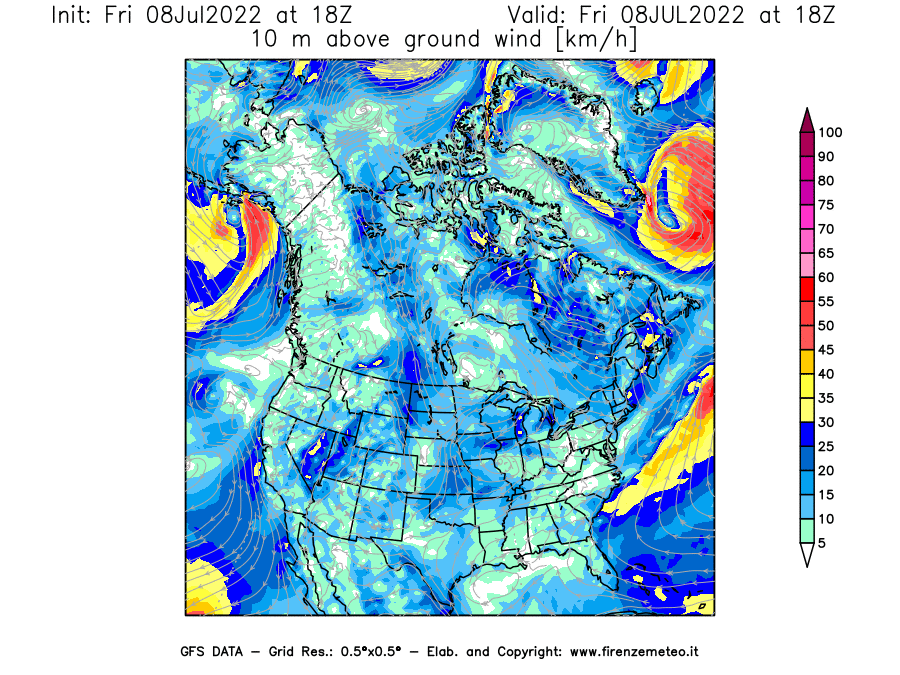 Mappa di analisi GFS - Velocità del vento a 10 metri dal suolo [km/h] in Nord-America
							del 08/07/2022 18 <!--googleoff: index-->UTC<!--googleon: index-->