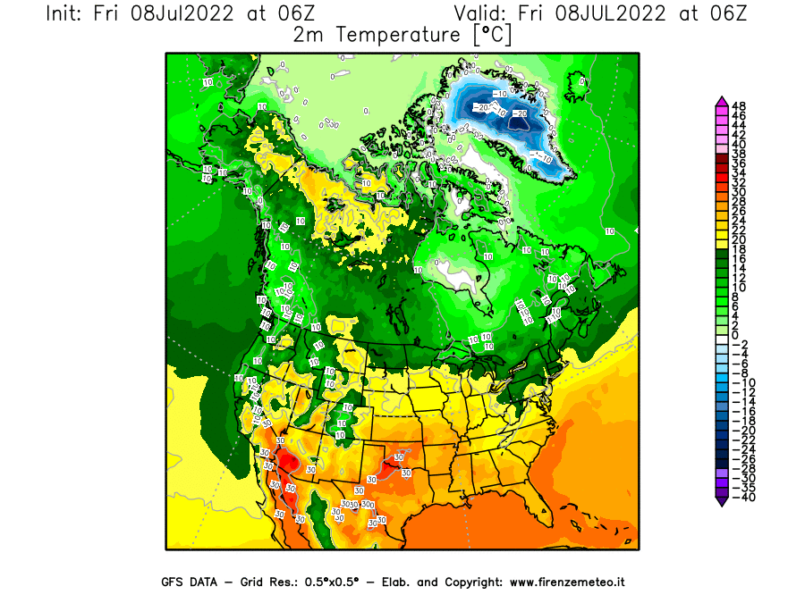 Mappa di analisi GFS - Temperatura a 2 metri dal suolo [°C] in Nord-America
							del 08/07/2022 06 <!--googleoff: index-->UTC<!--googleon: index-->