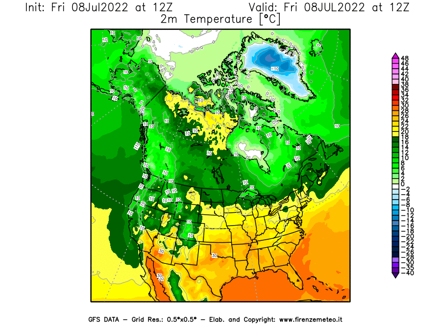 Mappa di analisi GFS - Temperatura a 2 metri dal suolo [°C] in Nord-America
							del 08/07/2022 12 <!--googleoff: index-->UTC<!--googleon: index-->