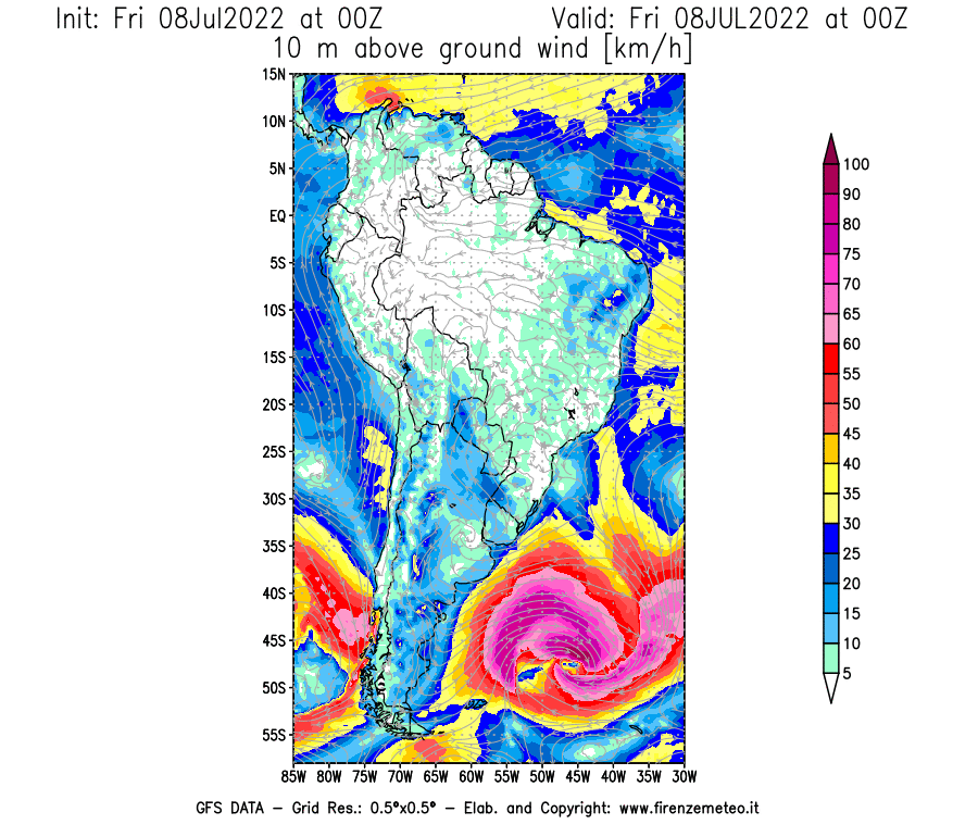Mappa di analisi GFS - Velocità del vento a 10 metri dal suolo [km/h] in Sud-America
							del 08/07/2022 00 <!--googleoff: index-->UTC<!--googleon: index-->
