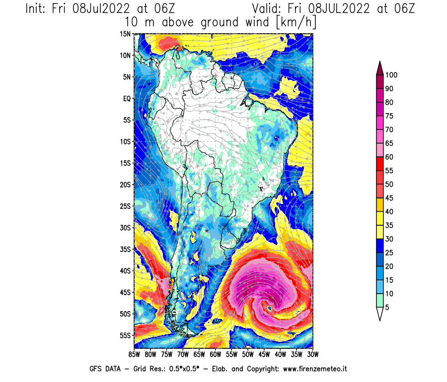 Mappa di analisi GFS - Velocità del vento a 10 metri dal suolo [km/h] in Sud-America
							del 08/07/2022 06 <!--googleoff: index-->UTC<!--googleon: index-->
