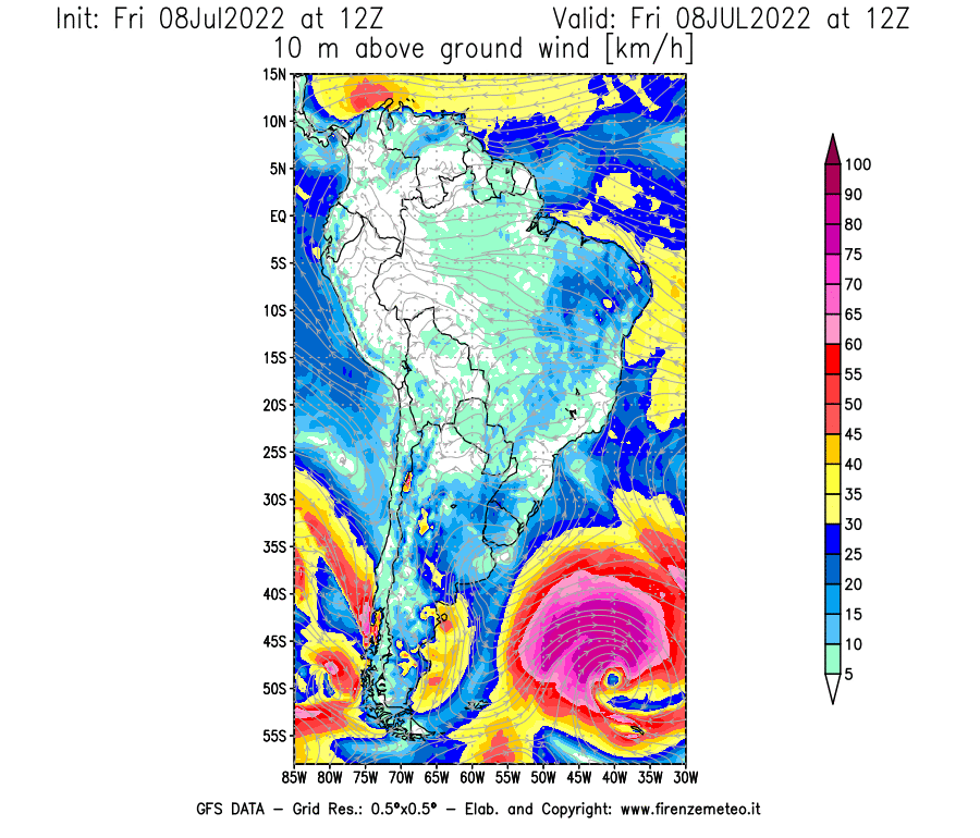 Mappa di analisi GFS - Velocità del vento a 10 metri dal suolo [km/h] in Sud-America
							del 08/07/2022 12 <!--googleoff: index-->UTC<!--googleon: index-->