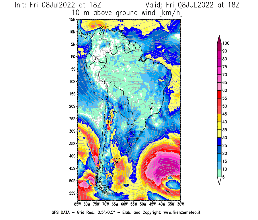 Mappa di analisi GFS - Velocità del vento a 10 metri dal suolo [km/h] in Sud-America
							del 08/07/2022 18 <!--googleoff: index-->UTC<!--googleon: index-->