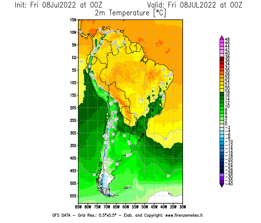 Mappa di analisi GFS - Temperatura a 2 metri dal suolo [°C] in Sud-America
							del 08/07/2022 00 <!--googleoff: index-->UTC<!--googleon: index-->