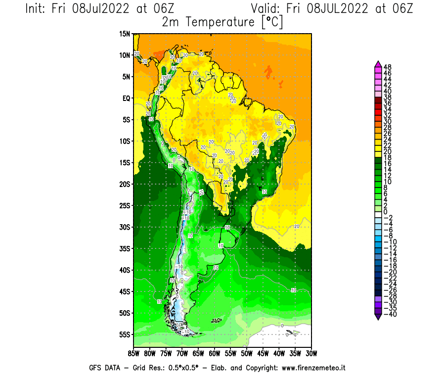 Mappa di analisi GFS - Temperatura a 2 metri dal suolo [°C] in Sud-America
							del 08/07/2022 06 <!--googleoff: index-->UTC<!--googleon: index-->