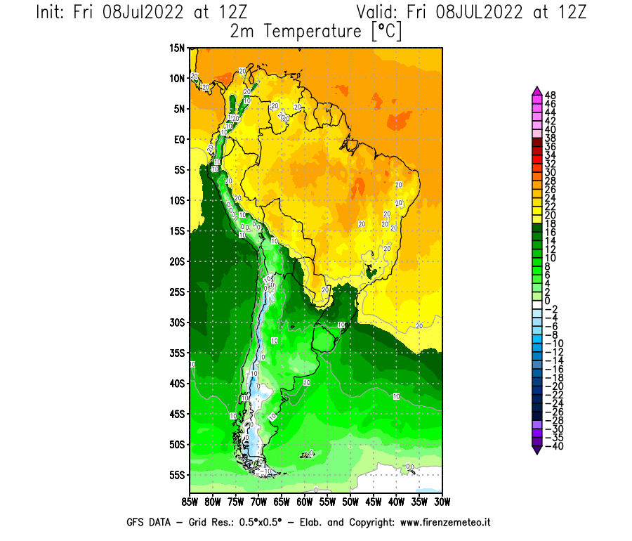 Mappa di analisi GFS - Temperatura a 2 metri dal suolo [°C] in Sud-America
							del 08/07/2022 12 <!--googleoff: index-->UTC<!--googleon: index-->