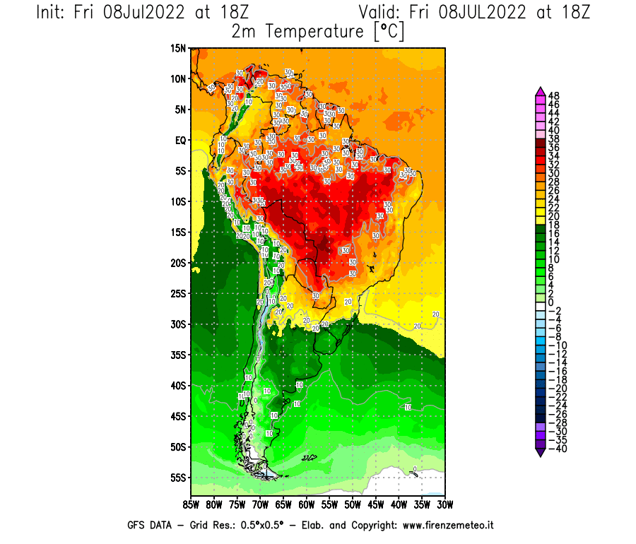 Mappa di analisi GFS - Temperatura a 2 metri dal suolo [°C] in Sud-America
							del 08/07/2022 18 <!--googleoff: index-->UTC<!--googleon: index-->