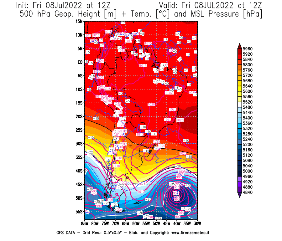Mappa di analisi GFS - Geopotenziale [m] + Temp. [°C] a 500 hPa + Press. a livello del mare [hPa] in Sud-America
							del 08/07/2022 12 <!--googleoff: index-->UTC<!--googleon: index-->