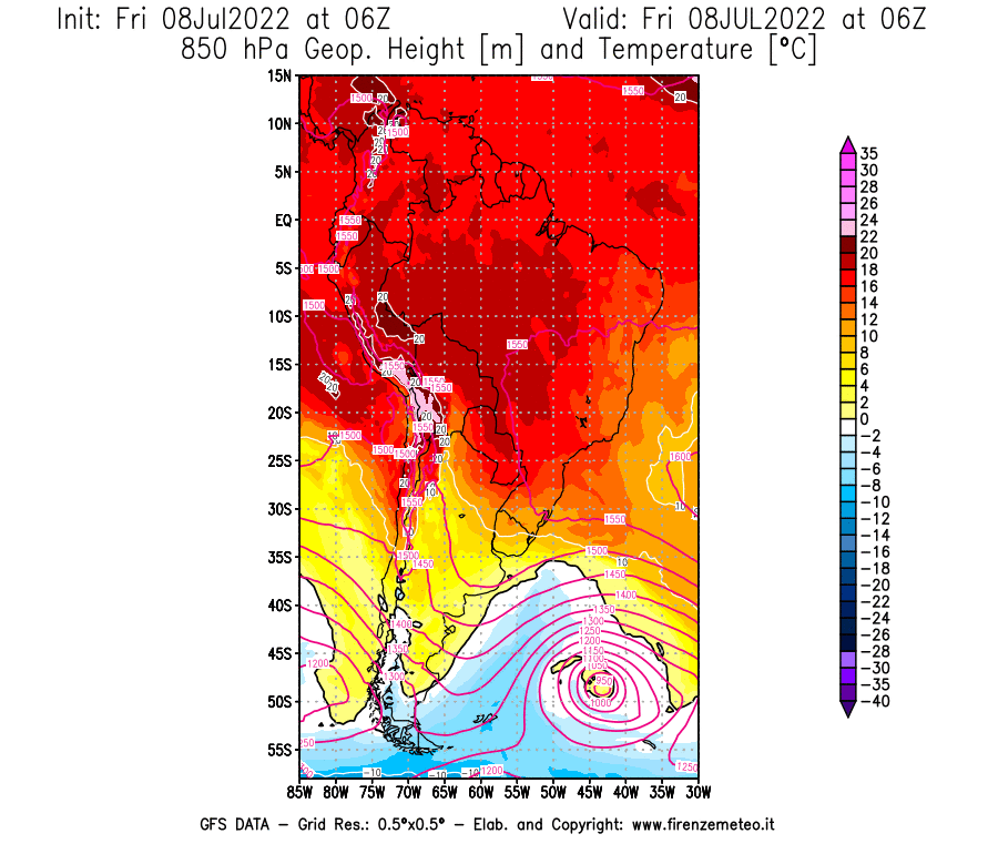 Mappa di analisi GFS - Geopotenziale [m] e Temperatura [°C] a 850 hPa in Sud-America
							del 08/07/2022 06 <!--googleoff: index-->UTC<!--googleon: index-->