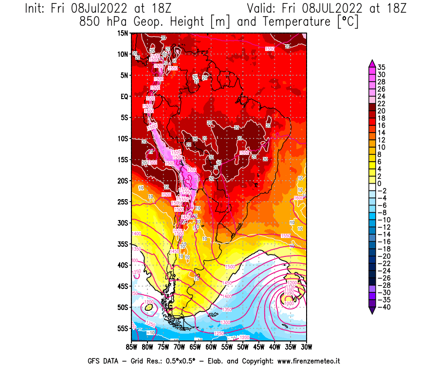 Mappa di analisi GFS - Geopotenziale [m] e Temperatura [°C] a 850 hPa in Sud-America
							del 08/07/2022 18 <!--googleoff: index-->UTC<!--googleon: index-->
