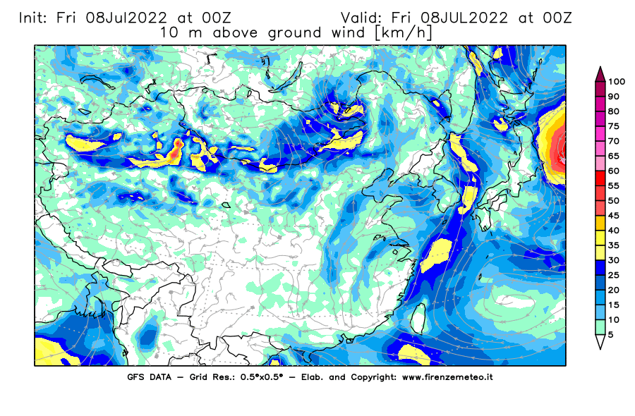 Mappa di analisi GFS - Velocità del vento a 10 metri dal suolo [km/h] in Asia Orientale
							del 08/07/2022 00 <!--googleoff: index-->UTC<!--googleon: index-->