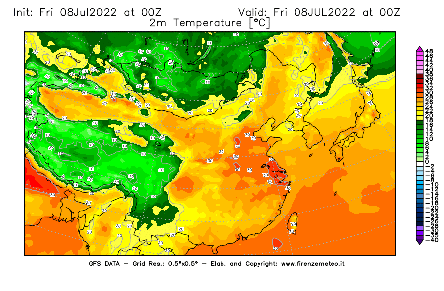 Mappa di analisi GFS - Temperatura a 2 metri dal suolo [°C] in Asia Orientale
							del 08/07/2022 00 <!--googleoff: index-->UTC<!--googleon: index-->