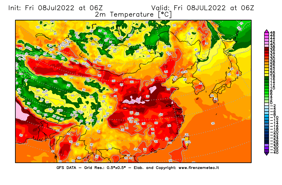 Mappa di analisi GFS - Temperatura a 2 metri dal suolo [°C] in Asia Orientale
							del 08/07/2022 06 <!--googleoff: index-->UTC<!--googleon: index-->