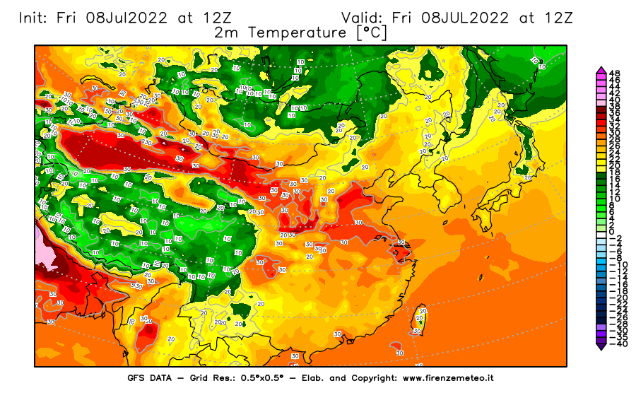 Mappa di analisi GFS - Temperatura a 2 metri dal suolo [°C] in Asia Orientale
							del 08/07/2022 12 <!--googleoff: index-->UTC<!--googleon: index-->