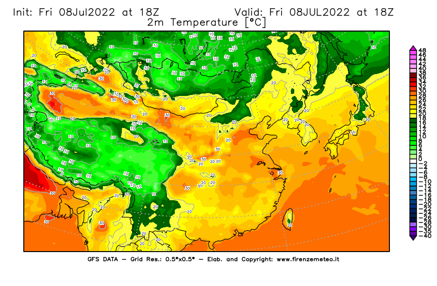 Mappa di analisi GFS - Temperatura a 2 metri dal suolo [°C] in Asia Orientale
							del 08/07/2022 18 <!--googleoff: index-->UTC<!--googleon: index-->