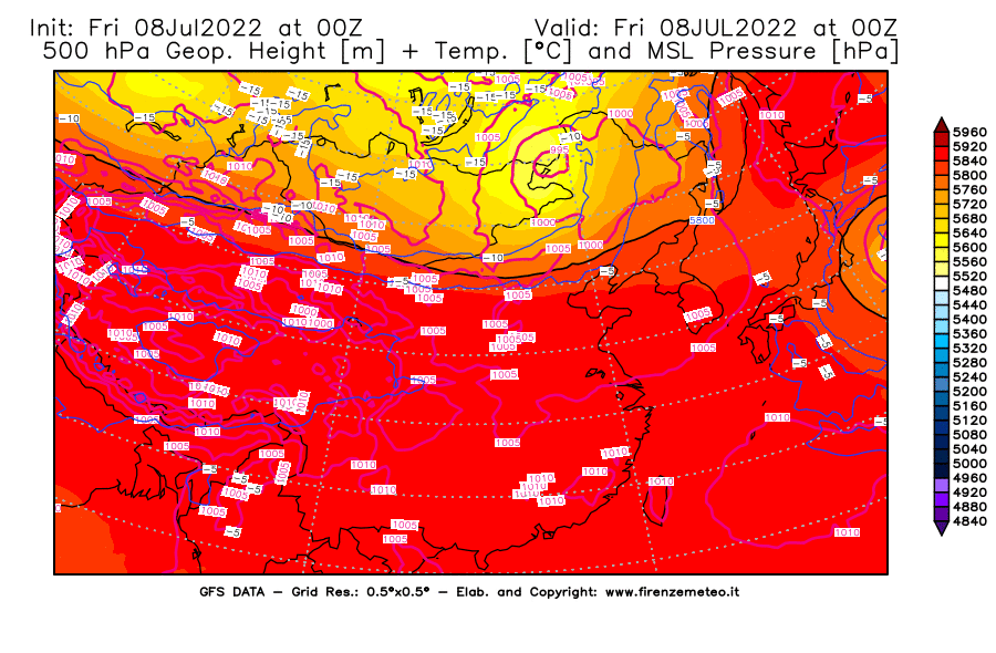 Mappa di analisi GFS - Geopotenziale [m] + Temp. [°C] a 500 hPa + Press. a livello del mare [hPa] in Asia Orientale
							del 08/07/2022 00 <!--googleoff: index-->UTC<!--googleon: index-->