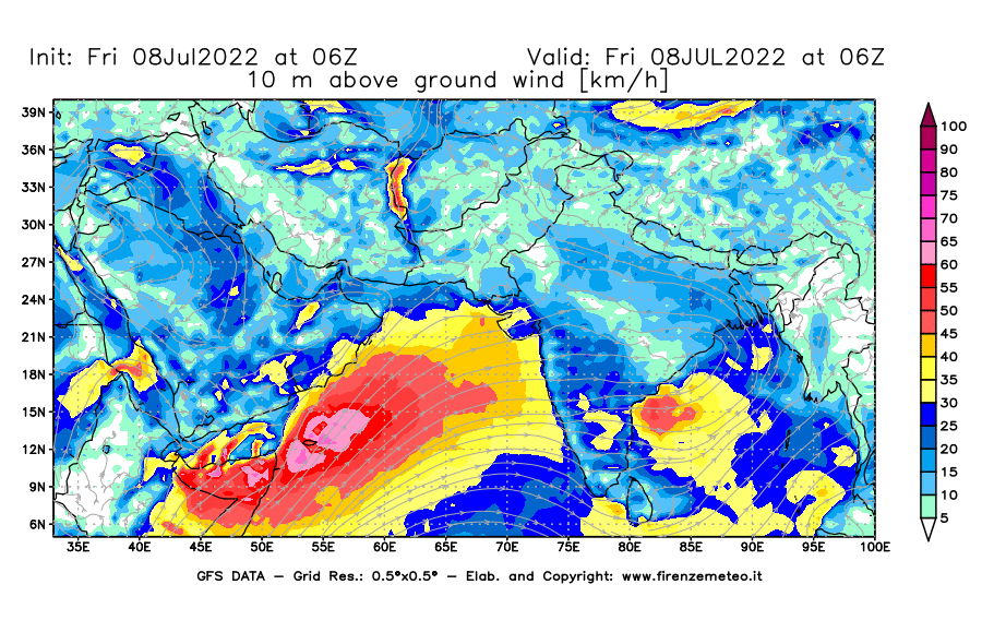 Mappa di analisi GFS - Velocità del vento a 10 metri dal suolo [km/h] in Asia Sud-Occidentale
							del 08/07/2022 06 <!--googleoff: index-->UTC<!--googleon: index-->