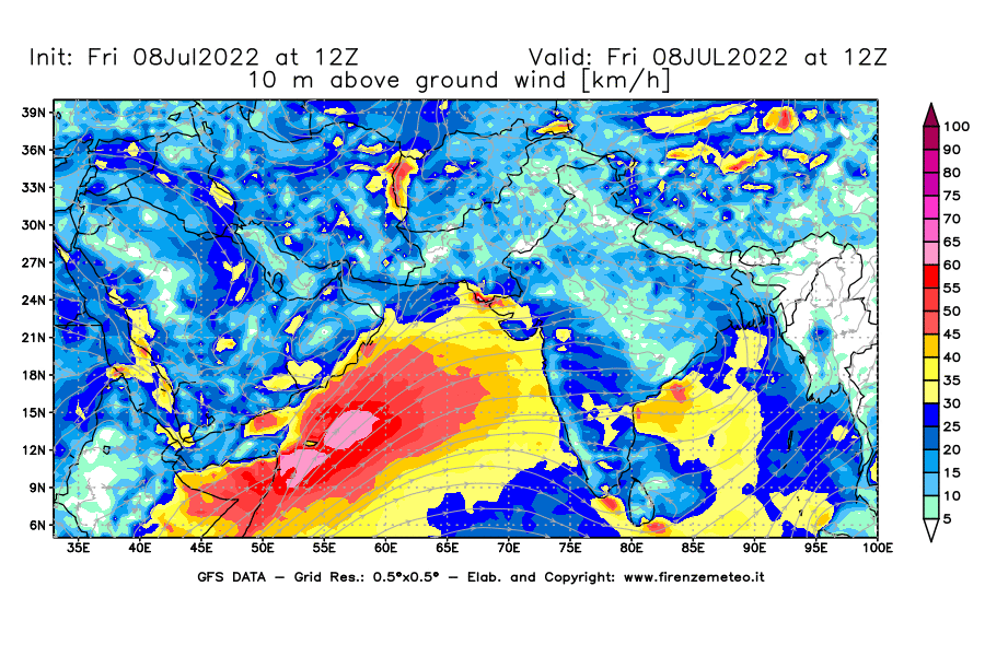Mappa di analisi GFS - Velocità del vento a 10 metri dal suolo [km/h] in Asia Sud-Occidentale
							del 08/07/2022 12 <!--googleoff: index-->UTC<!--googleon: index-->