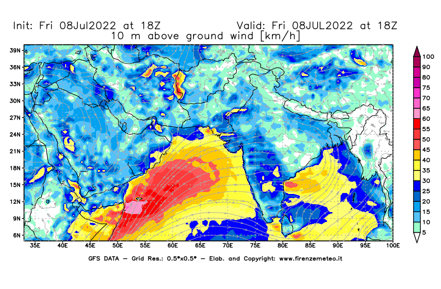 Mappa di analisi GFS - Velocità del vento a 10 metri dal suolo [km/h] in Asia Sud-Occidentale
							del 08/07/2022 18 <!--googleoff: index-->UTC<!--googleon: index-->