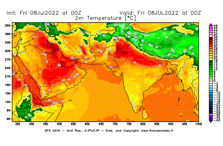 Mappa di analisi GFS - Temperatura a 2 metri dal suolo [°C] in Asia Sud-Occidentale
							del 08/07/2022 00 <!--googleoff: index-->UTC<!--googleon: index-->