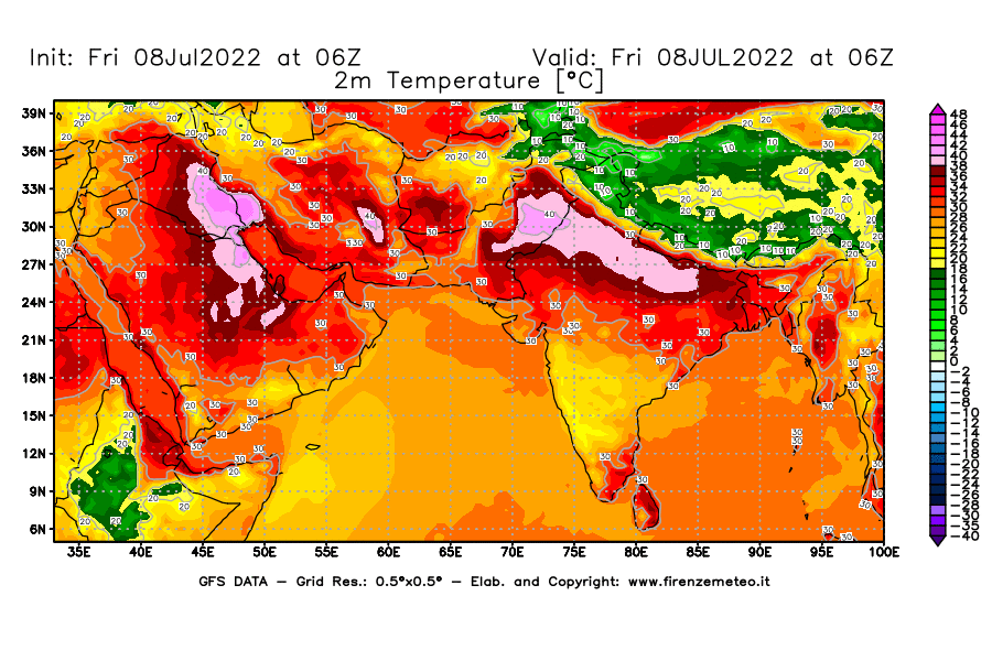 Mappa di analisi GFS - Temperatura a 2 metri dal suolo [°C] in Asia Sud-Occidentale
							del 08/07/2022 06 <!--googleoff: index-->UTC<!--googleon: index-->