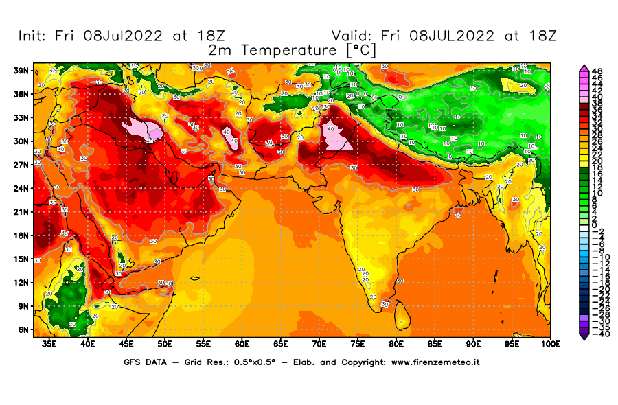 Mappa di analisi GFS - Temperatura a 2 metri dal suolo [°C] in Asia Sud-Occidentale
							del 08/07/2022 18 <!--googleoff: index-->UTC<!--googleon: index-->