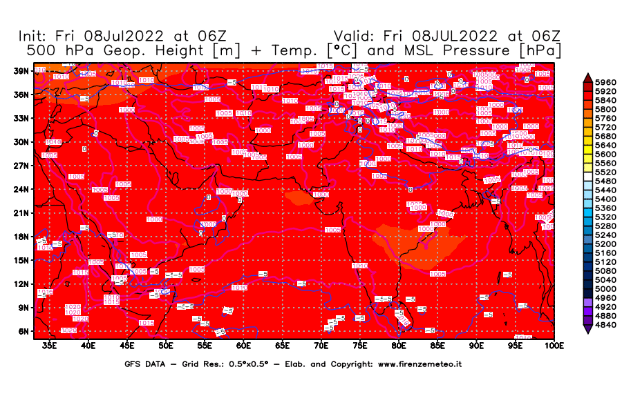 Mappa di analisi GFS - Geopotenziale [m] + Temp. [°C] a 500 hPa + Press. a livello del mare [hPa] in Asia Sud-Occidentale
							del 08/07/2022 06 <!--googleoff: index-->UTC<!--googleon: index-->