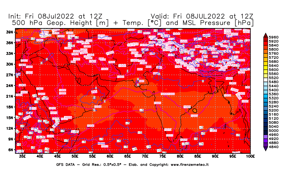 Mappa di analisi GFS - Geopotenziale [m] + Temp. [°C] a 500 hPa + Press. a livello del mare [hPa] in Asia Sud-Occidentale
							del 08/07/2022 12 <!--googleoff: index-->UTC<!--googleon: index-->