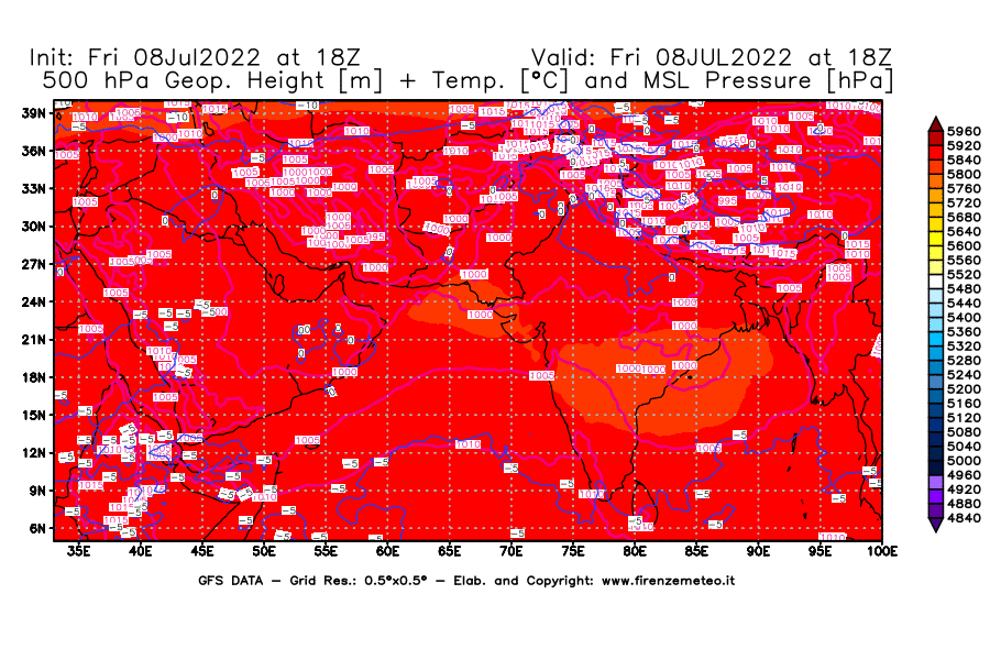 Mappa di analisi GFS - Geopotenziale [m] + Temp. [°C] a 500 hPa + Press. a livello del mare [hPa] in Asia Sud-Occidentale
							del 08/07/2022 18 <!--googleoff: index-->UTC<!--googleon: index-->