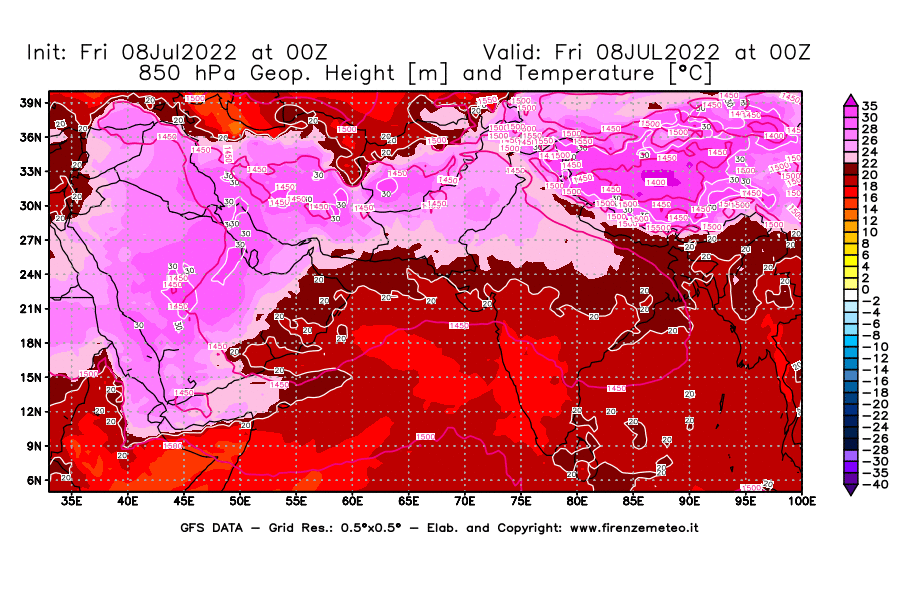 Mappa di analisi GFS - Geopotenziale [m] e Temperatura [°C] a 850 hPa in Asia Sud-Occidentale
							del 08/07/2022 00 <!--googleoff: index-->UTC<!--googleon: index-->