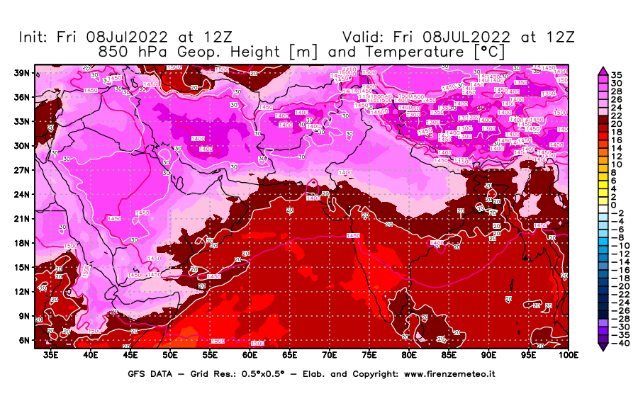Mappa di analisi GFS - Geopotenziale [m] e Temperatura [°C] a 850 hPa in Asia Sud-Occidentale
							del 08/07/2022 12 <!--googleoff: index-->UTC<!--googleon: index-->