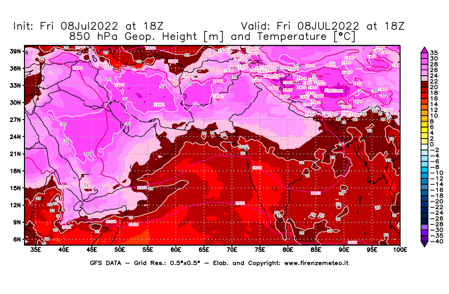 Mappa di analisi GFS - Geopotenziale [m] e Temperatura [°C] a 850 hPa in Asia Sud-Occidentale
							del 08/07/2022 18 <!--googleoff: index-->UTC<!--googleon: index-->