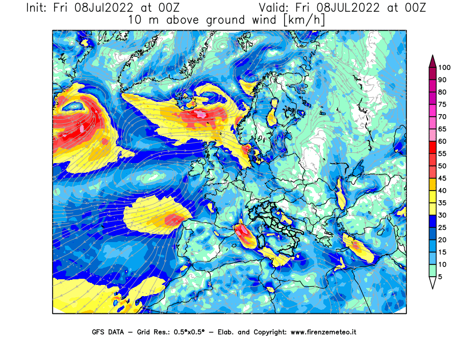 Mappa di analisi GFS - Velocità del vento a 10 metri dal suolo [km/h] in Europa
							del 08/07/2022 00 <!--googleoff: index-->UTC<!--googleon: index-->