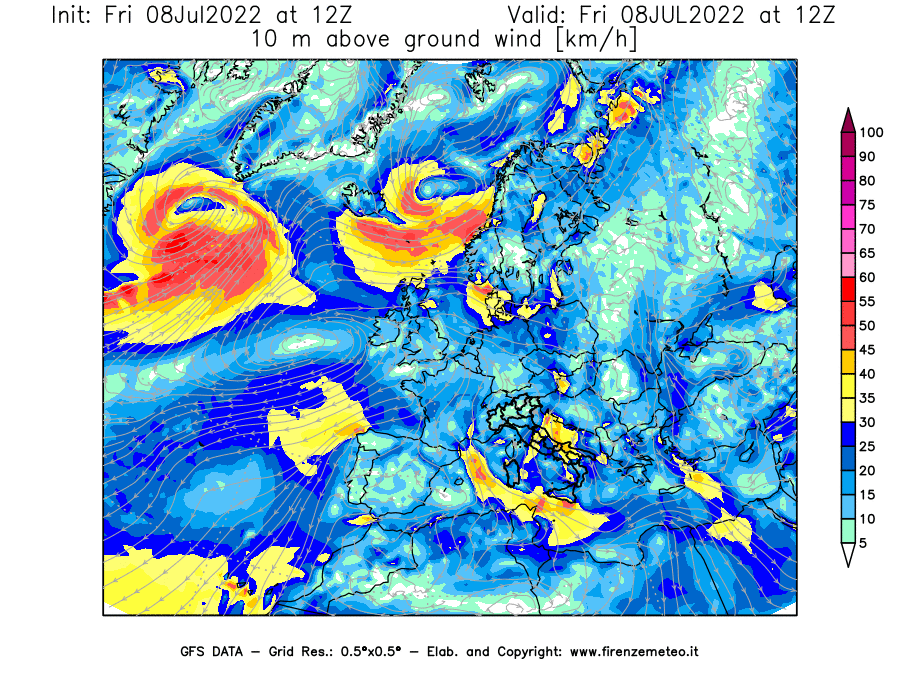Mappa di analisi GFS - Velocità del vento a 10 metri dal suolo [km/h] in Europa
							del 08/07/2022 12 <!--googleoff: index-->UTC<!--googleon: index-->