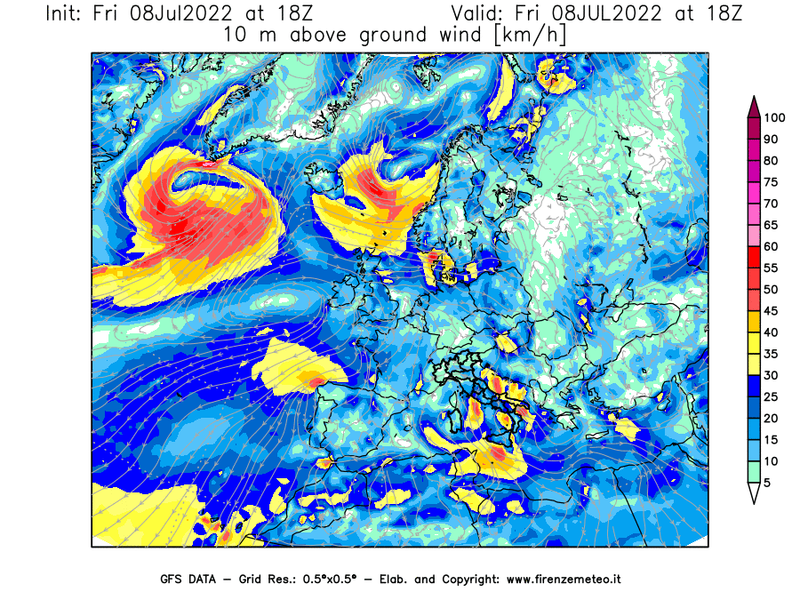 Mappa di analisi GFS - Velocità del vento a 10 metri dal suolo [km/h] in Europa
							del 08/07/2022 18 <!--googleoff: index-->UTC<!--googleon: index-->