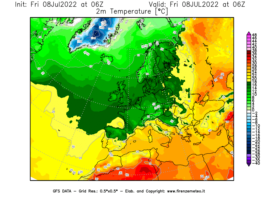 Mappa di analisi GFS - Temperatura a 2 metri dal suolo [°C] in Europa
							del 08/07/2022 06 <!--googleoff: index-->UTC<!--googleon: index-->