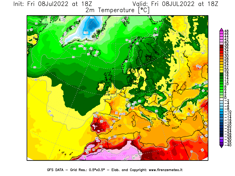 Mappa di analisi GFS - Temperatura a 2 metri dal suolo [°C] in Europa
							del 08/07/2022 18 <!--googleoff: index-->UTC<!--googleon: index-->