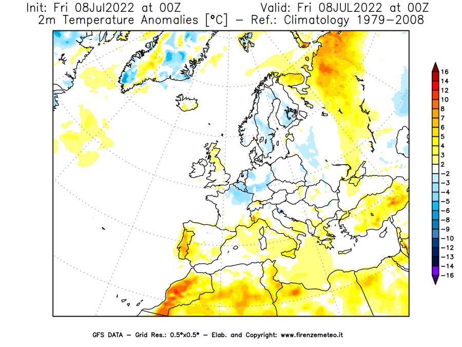 Mappa di analisi GFS - Anomalia Temperatura [°C] a 2 m in Europa
							del 08/07/2022 00 <!--googleoff: index-->UTC<!--googleon: index-->
