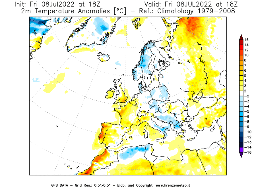 Mappa di analisi GFS - Anomalia Temperatura [°C] a 2 m in Europa
							del 08/07/2022 18 <!--googleoff: index-->UTC<!--googleon: index-->